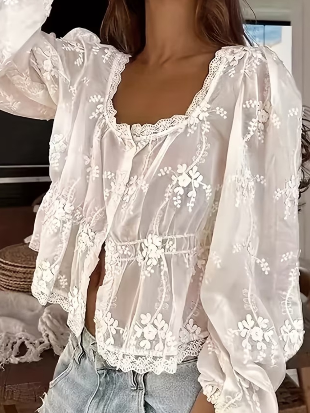 White Lace Embroidered Blouse - Women